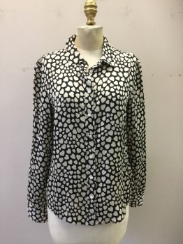 J. CREW, Black, White, Silk, Elastane, Hearts, Black with White Hearts, Button Front, Collar Attached, Long Sleeves,