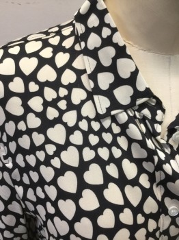 J. CREW, Black, White, Silk, Elastane, Hearts, Black with White Hearts, Button Front, Collar Attached, Long Sleeves,