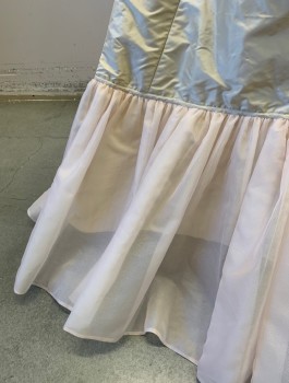N/L MTO, Cream, Blush Pink, Silk, Solid, Taffeta, 2" Wide Self Waistband, A-Line Shape with Light Blush Organza Ruffle at Hem, Invisible Zipper in Back, Made To Order Historical Fantasy
