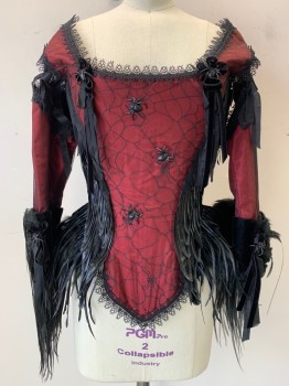 Womens, Historical Fict 2 Piece Dress, PERIOD CORSETS, Red, Black, Silk, Novelty Pattern, W24, B 32, BODICE- Red Silk Taffeta Base with Black Netting, Black Feathers on Sides and Cuffs, Velvet Trimming and Plastic Spiders