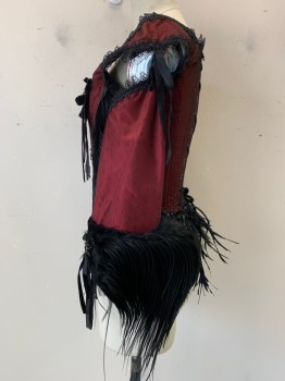 PERIOD CORSETS, Red, Black, Silk, Novelty Pattern, BODICE- Red Silk Taffeta Base with Black Netting, Black Feathers on Sides and Cuffs, Velvet Trimming and Plastic Spiders