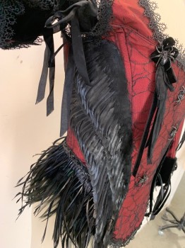 PERIOD CORSETS, Red, Black, Silk, Novelty Pattern, BODICE- Red Silk Taffeta Base with Black Netting, Black Feathers on Sides and Cuffs, Velvet Trimming and Plastic Spiders