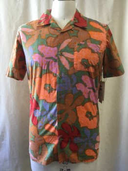 VANS, Orange, Green, Brown, Red, Fuchsia Pink, Cotton, Floral, Heathered, Short Sleeves, Collar Attached, Notched Collar, Button Front, 1 Pocket,