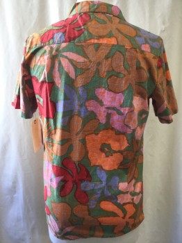 VANS, Orange, Green, Brown, Red, Fuchsia Pink, Cotton, Floral, Heathered, Short Sleeves, Collar Attached, Notched Collar, Button Front, 1 Pocket,