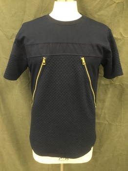 MAKOBI, Navy Blue, Cotton, Polyester, Solid, Diamond Pressed Pattern, Solid Yoke Front, Solid Ultrasuede Stripe Across Chest, Diagonal Gold Zipper Detail, Short Sleeves with Gold Zipper Detail, Back Yoke Diamond Pressed Pattern with Solid Navy Lower Back, Curved Hem