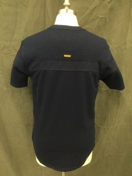 MAKOBI, Navy Blue, Cotton, Polyester, Solid, Diamond Pressed Pattern, Solid Yoke Front, Solid Ultrasuede Stripe Across Chest, Diagonal Gold Zipper Detail, Short Sleeves with Gold Zipper Detail, Back Yoke Diamond Pressed Pattern with Solid Navy Lower Back, Curved Hem
