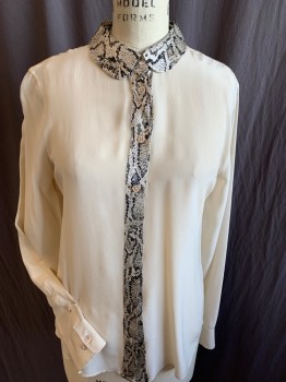 Womens, Blouse, EQUIPMENT, Beige, Cream, Black, Gray, Lt Gray, Silk, Solid, Reptile/Snakeskin, S, Beige with Reptile Scallop Collar Attached  and Button Front Placket, Long Sleeves, (**1ST BUTTON BROKEN**)