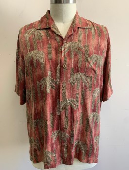 TOMMY BAHAMA, Cranberry Red, Mauve Pink, Brown, Beige, Silk, Geometric, Tropical , Tropical Inspired Geometric Stripe with Abstract Palm Leaves, Short Sleeve Button Front, Collar Attached, 1 Patch Pocket, Dad on Vacation