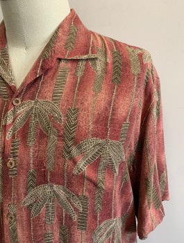 TOMMY BAHAMA, Cranberry Red, Mauve Pink, Brown, Beige, Silk, Geometric, Tropical , Tropical Inspired Geometric Stripe with Abstract Palm Leaves, Short Sleeve Button Front, Collar Attached, 1 Patch Pocket, Dad on Vacation