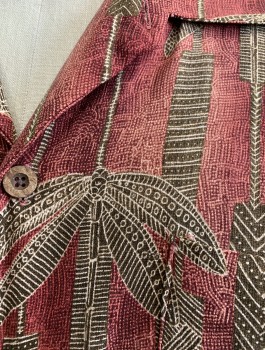 Mens, Casual Shirt, TOMMY BAHAMA, Cranberry Red, Mauve Pink, Brown, Beige, Silk, Geometric, Tropical , XL, Tropical Inspired Geometric Stripe with Abstract Palm Leaves, Short Sleeve Button Front, Collar Attached, 1 Patch Pocket, Dad on Vacation