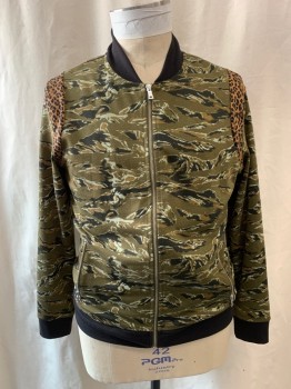 Mens, Casual Jacket, I.N.C., Olive Green, Lt Brown, Black, Polyester, Spandex, Camouflage, M, Leopard Trim on Shoulders, Rib Knit Collar, Cuffs, & Waist,  Zip Front, 2 Side Pockets with Zipper