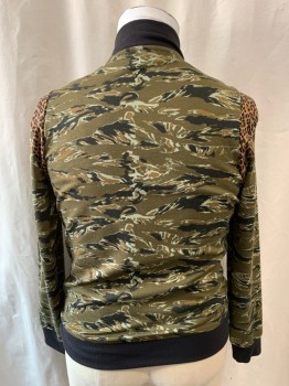 Mens, Casual Jacket, I.N.C., Olive Green, Lt Brown, Black, Polyester, Spandex, Camouflage, M, Leopard Trim on Shoulders, Rib Knit Collar, Cuffs, & Waist,  Zip Front, 2 Side Pockets with Zipper