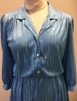 CALIFORNIA LOOKS, French Blue, Polyester, Stripes - Vertical , Self Striped, 3/4 Sleeves, Notched Collar Attached, Shirtwaist with 3 Cream and Silver Buttons, Pleated at Shoulders with Padding, Elastic Waist, A-Line, Mid Calf Length, **Barcode on Pocket