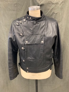 Mens, Leather Jacket, JAPA JACQUES VINCENT, Black, Leather, Solid, Ch 42, Snap Crossover with Snap Underpanel, 1 Snap Flap Center Pocket, 2 Side Pockets, Side Lace Up at Waists, Stand Snap Collar