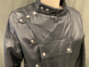 Mens, Leather Jacket, JAPA JACQUES VINCENT, Black, Leather, Solid, Ch 42, Snap Crossover with Snap Underpanel, 1 Snap Flap Center Pocket, 2 Side Pockets, Side Lace Up at Waists, Stand Snap Collar