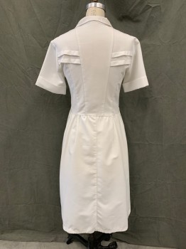 Womens, Nurses Dress, BG, White, Poly/Cotton, Solid, W 32, B 34, Vintage, 1/2 Zip Front, Collar Attached, Notched Lapel, 2 Short Sleeves with Rolled Back Cuff, 2 Horizontal Pintuck Pleats Front and Back, 2 Side Pockets, Hem Below Knee