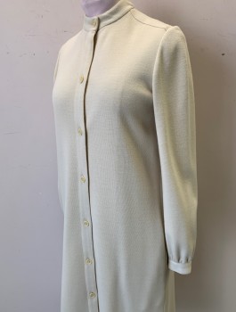 HALSTON, Cream, Cashmere, Solid, Long Sleeves, Band Collar, Button Front, Straight Fit, Hem Below Knee, 2 Pockets at Side Seam Hips, Minimalist,