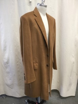 Mens, Coat, Overcoat, N/L, Camel Brown, Wool, Solid, M, 40, Notched Lapel, Single-Breasted, 3 Button Closure, 1 Chest Welt Pocket, 3 Besom Pockets, Back Vent, Below the Knee Length, 3 Lined Topstitch Detail