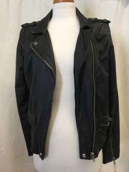 Womens, Leather Jacket, IRO, Black, Denim Blue, Leather, Solid, Graphic, 2, Zip Front, Collar Attached, Epaulets, 2 Zip Pockets, Zipper Arm Detail, Adjustable Buckle Waist, Denim Backside with Graphic