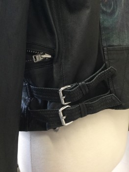IRO, Black, Denim Blue, Leather, Solid, Graphic, Zip Front, Collar Attached, Epaulets, 2 Zip Pockets, Zipper Arm Detail, Adjustable Buckle Waist, Denim Backside with Graphic