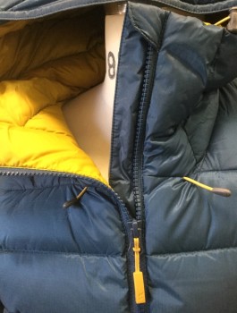 Mens, Casual Jacket, RAB, Dk Blue, Mustard Yellow, Polyamide, Solid, S, Puffer Jacket, Zip Front, Outside is Dark Blue, Inside is Electric Mustard, Hooded, 2 Zip Pockets **Has a Stain in Front