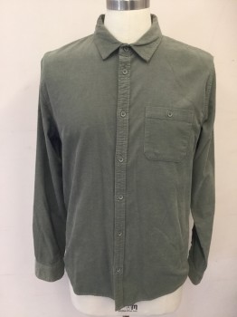 VINTAGE RE-MASTERED, Olive Green, Cotton, Solid, Corduroy, Button Front, Collar Attached, Long Sleeves, 1 Pocket