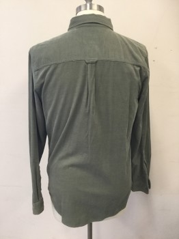 Mens, Casual Shirt, VINTAGE RE-MASTERED, Olive Green, Cotton, Solid, L, Corduroy, Button Front, Collar Attached, Long Sleeves, 1 Pocket