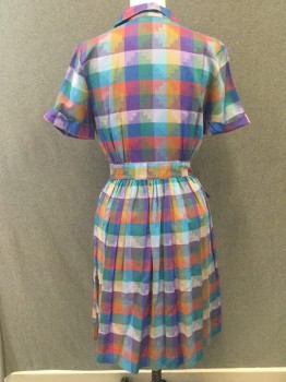 RELAX-A-COAT, Purple, Blue, Dk Red, Green, Lavender Purple, Cotton, Check , Patterned Check, Double Breasted, Collar Attached, Notched Lapel, Short Sleeves, Rolled Cuff, Large White Button Front From Waist , Gathered Skirt, 1 Flap Pocket on Skirt, Hem Below Knee