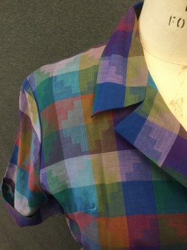 RELAX-A-COAT, Purple, Blue, Dk Red, Green, Lavender Purple, Cotton, Check , Patterned Check, Double Breasted, Collar Attached, Notched Lapel, Short Sleeves, Rolled Cuff, Large White Button Front From Waist , Gathered Skirt, 1 Flap Pocket on Skirt, Hem Below Knee