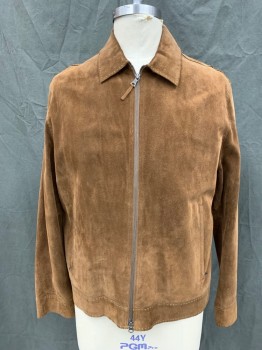 Mens, Leather Jacket, BANANA REPUBLIC, Brown, Suede, Solid, XL, Zip Front, Collar Attached, Cream Stitching, 2 Zip Pockets, Long Sleeves, Snap Cuff
