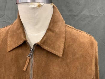 Mens, Leather Jacket, BANANA REPUBLIC, Brown, Suede, Solid, XL, Zip Front, Collar Attached, Cream Stitching, 2 Zip Pockets, Long Sleeves, Snap Cuff
