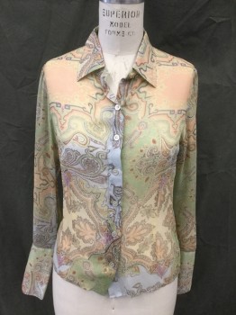 JUNE, Lt Blue, Lt Olive Grn, Brown, Peach Orange, Navy Blue, Silk, Paisley/Swirls, Sheer, Button Front, Collar Attached, Long Sleeves, Extended Cuff