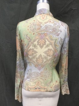 JUNE, Lt Blue, Lt Olive Grn, Brown, Peach Orange, Navy Blue, Silk, Paisley/Swirls, Sheer, Button Front, Collar Attached, Long Sleeves, Extended Cuff