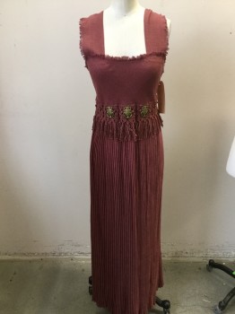 Womens, Historical Fiction Dress, MTO, Mauve Pink, Gold, Burlap, Solid, Insects Print, W 26, B32, H 34, Sleeveless, Freyed Hem, Gold Scarabs at Waist, Fringed & Crochet Detail, Knife Pleated Skirt