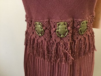 MTO, Mauve Pink, Gold, Burlap, Solid, Insects Print, Sleeveless, Freyed Hem, Gold Scarabs at Waist, Fringed & Crochet Detail, Knife Pleated Skirt