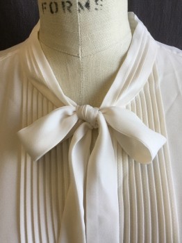 BANANA REPUBLIC, Lt Beige, Polyester, Diamonds, Sheer, Pleat Collar Attached V-neck with Self Tie, and Vertical Pleat Front Center, Long Sleeves, Curved Hem