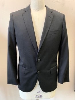 HUGO BOSS, Black, Wool, Viscose, Solid, Notched Lapel, Single Breasted, Button Front, 2 Buttons, 3 Pockets