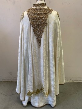 Unisex, Piece 2, NL, Ivory White, Antique Gold Metallic, Cotton, Textured Fabric, Jacquard, OS, Cape/Robe Garment, Matches Chasuble, Floral Appliqué On Back & Shoulders, On Center Front Hem & Down Front