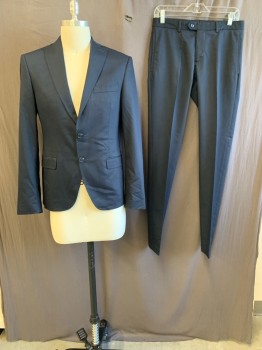 ZARA, Black, Polyester, Wool, Solid, Notched Lapel, Single Breasted, Button Front, 2 Buttons, 3 Pockets, Self Stitching on Lapel, Double Back Vent