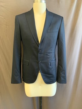 ZARA, Black, Polyester, Wool, Solid, Notched Lapel, Single Breasted, Button Front, 2 Buttons, 3 Pockets, Self Stitching on Lapel, Double Back Vent