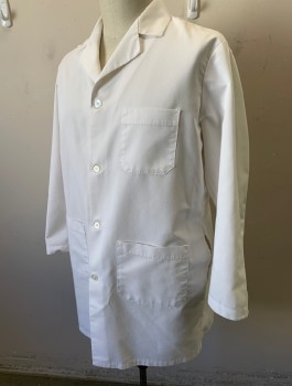 Unisex, Lab Coat Unisex, RED KAP, White, Poly/Cotton, Solid, 46R, 4 Buttons, Notched Lapel, 3 Patch Pockets, 1.5" Wide Belt Panel at Back Waist, Stain On Front (see Photo)