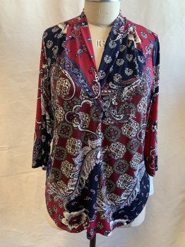Womens, Top, CHARTER CLUB, Dk Red, Navy Blue, White, Dk Olive Grn, Polyester, Spandex, Floral, Medallion Pattern, 2X, Cowl,  V-neck, Pullover, Knit, Long Sleeve