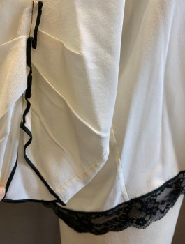 Womens, Blouse, MARC JACOBS, Cream, Black, Silk, Sz.2, Chiffon, 3/4 Sleeves, Round Neck with Black Ties, Contrasting Lace Trim at Hem, Pleated Detail at Sleeve Openings, Pullover