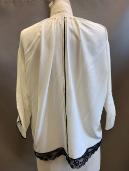 Womens, Blouse, MARC JACOBS, Cream, Black, Silk, Sz.2, Chiffon, 3/4 Sleeves, Round Neck with Black Ties, Contrasting Lace Trim at Hem, Pleated Detail at Sleeve Openings, Pullover