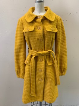 BETH BOWLEY, Mustard Yellow, Wool, Polyamide, Solid, with Matching Belt, Collar Attached, Single Breasted, Button Front, 4 Pockets, Self Woven Pattern