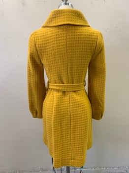 BETH BOWLEY, Mustard Yellow, Wool, Polyamide, Solid, with Matching Belt, Collar Attached, Single Breasted, Button Front, 4 Pockets, Self Woven Pattern