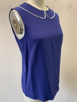 Womens, Blouse, KATE SPADE, Navy Blue, Silk, Solid, XS, Crepe, Sleeveless, Peter Pan Collar with White Trim, 2 Button Closure at Back Neck