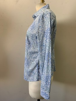 CONTEMPORAINE, White, Lt Blue, Baby Blue, Cotton, Floral, Leaves/Vines , Long Sleeves, Button Front, Collar Attached, Taken in at Sides and Back, Liberty of London Print