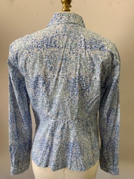 Womens, Blouse, CONTEMPORAINE, White, Lt Blue, Baby Blue, Cotton, Floral, Leaves/Vines , M, Long Sleeves, Button Front, Collar Attached, Taken in at Sides and Back, Liberty of London Print