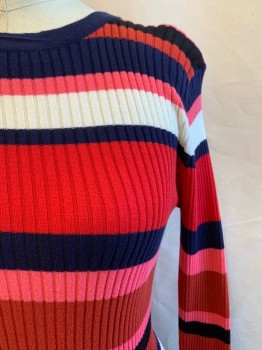 Womens, Top, TRINA TURK, Bubble Gum Pink, Red, Navy Blue, White, Black, Cotton, Stripes, S, Long Sleeves, Crew Neck, Ribbed